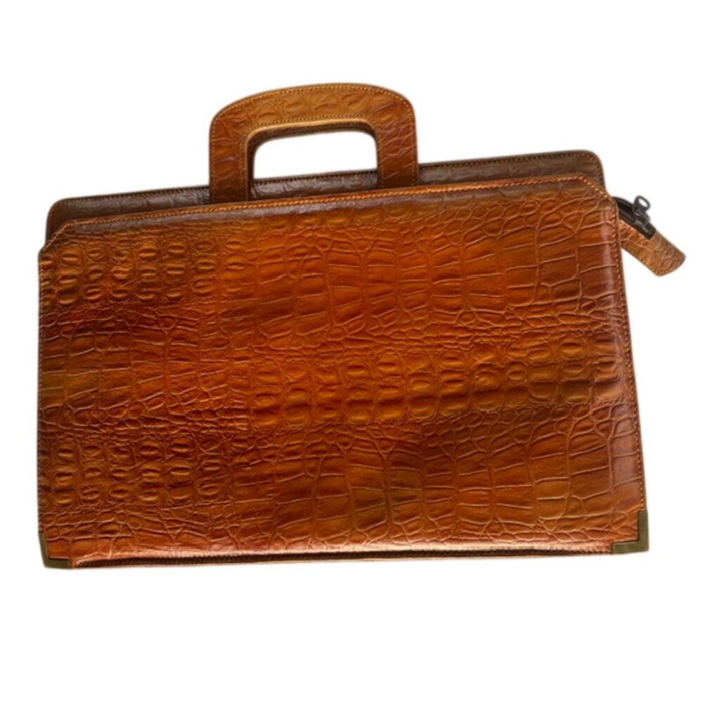 Vintage Brown Flores Croc Embossed Leather Briefcase Attache Retractable Handles